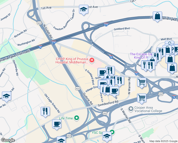 map of restaurants, bars, coffee shops, grocery stores, and more near 580 South Goddard Boulevard in King of Prussia