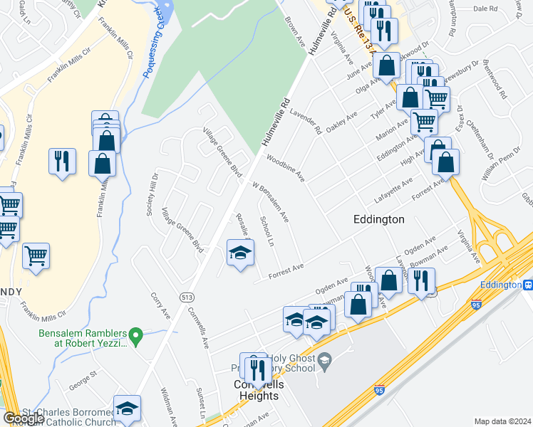 map of restaurants, bars, coffee shops, grocery stores, and more near 1473 School Lane in Bensalem