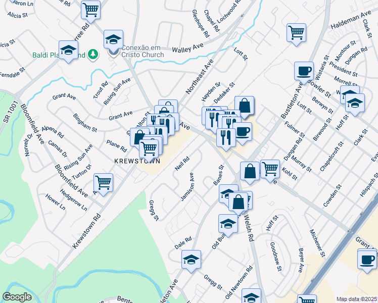map of restaurants, bars, coffee shops, grocery stores, and more near 9366 Neil Road in Philadelphia