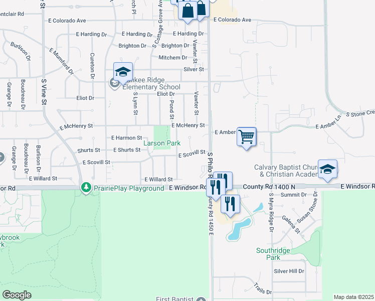 map of restaurants, bars, coffee shops, grocery stores, and more near 2407 Whitson Circle in Urbana