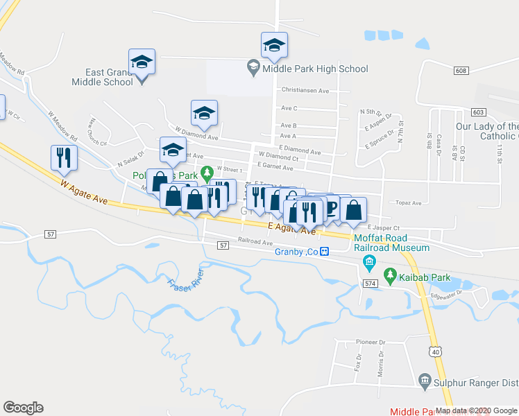 map of restaurants, bars, coffee shops, grocery stores, and more near in Granby