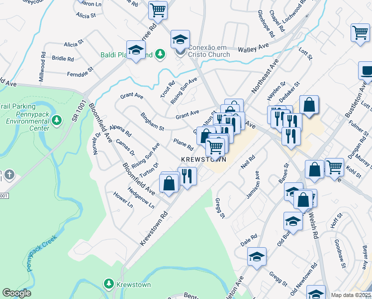 map of restaurants, bars, coffee shops, grocery stores, and more near 1122 Plane Road in Philadelphia