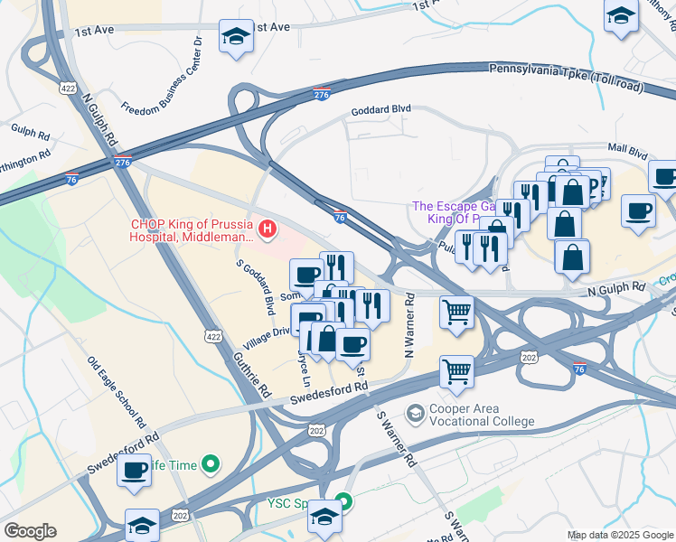 map of restaurants, bars, coffee shops, grocery stores, and more near 306 Lakeview Court in King of Prussia