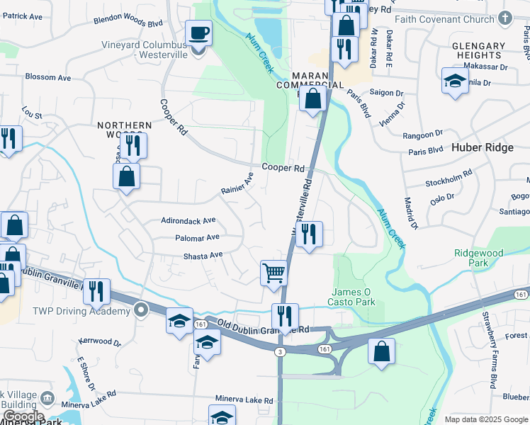 map of restaurants, bars, coffee shops, grocery stores, and more near 5538 Covert Drive in Columbus