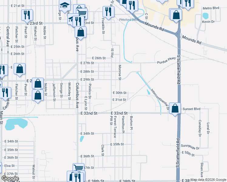 map of restaurants, bars, coffee shops, grocery stores, and more near 3006 Pitt Street in Anderson