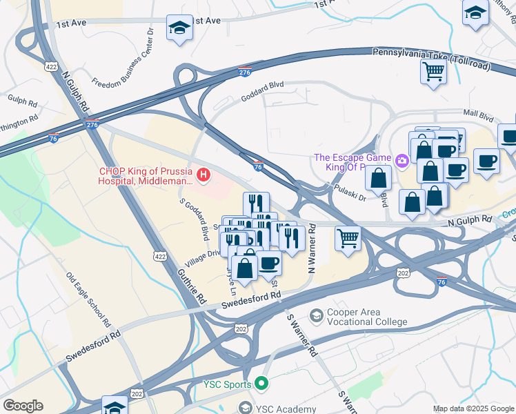 map of restaurants, bars, coffee shops, grocery stores, and more near 401 Lakeview Court in King of Prussia