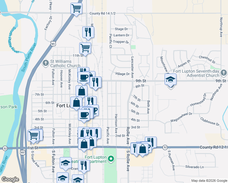 map of restaurants, bars, coffee shops, grocery stores, and more near 1020 Vine Street in Fort Lupton