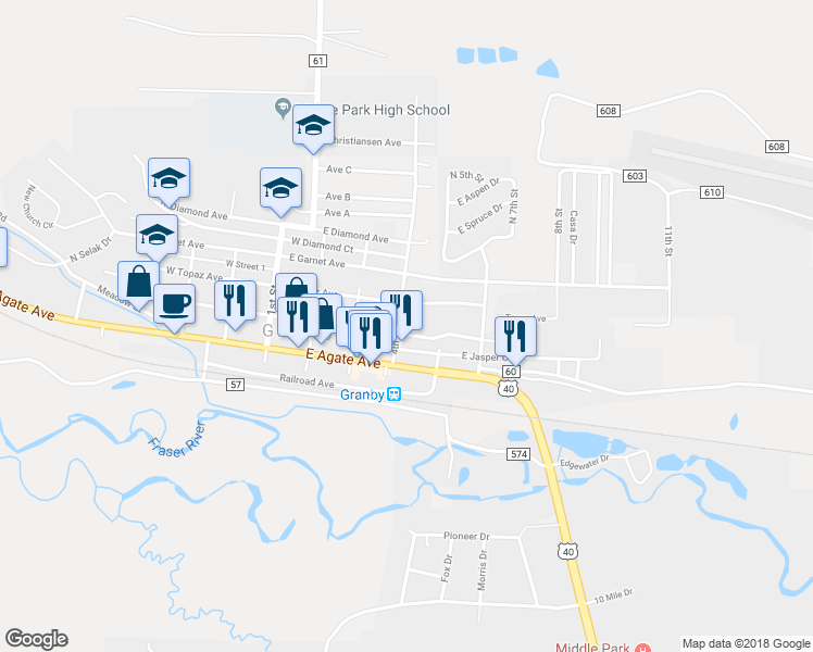 map of restaurants, bars, coffee shops, grocery stores, and more near 419 East Jasper Avenue in Granby