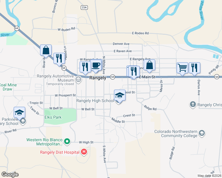 map of restaurants, bars, coffee shops, grocery stores, and more near 126-198 South Jones Avenue in Rangely