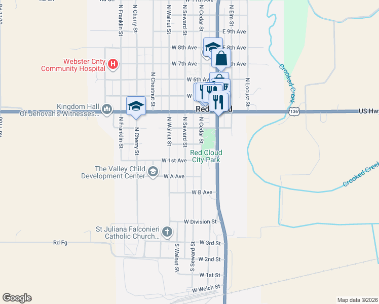 map of restaurants, bars, coffee shops, grocery stores, and more near 251-299 West 1st Avenue in Red Cloud