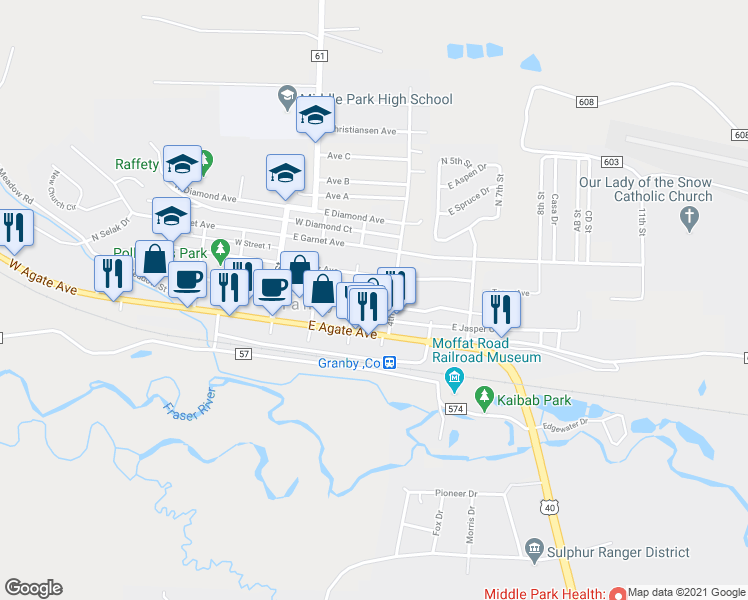 map of restaurants, bars, coffee shops, grocery stores, and more near 337 E Jasper Ave in Granby
