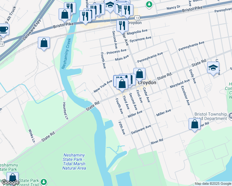 map of restaurants, bars, coffee shops, grocery stores, and more near 403 State Road in Croydon