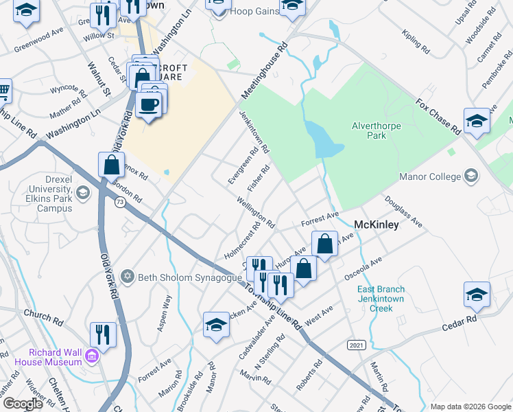 map of restaurants, bars, coffee shops, grocery stores, and more near 223 Fisher Road in Jenkintown