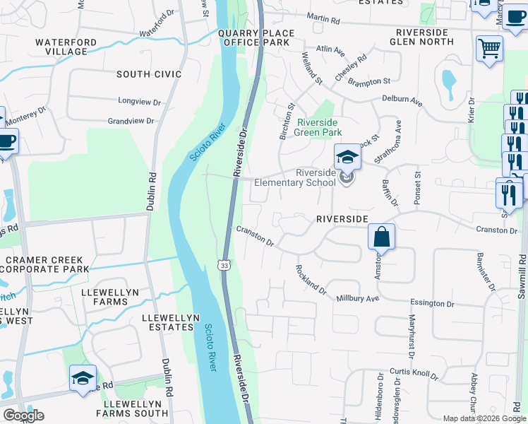 map of restaurants, bars, coffee shops, grocery stores, and more near 6439 Brookedge Court in Dublin