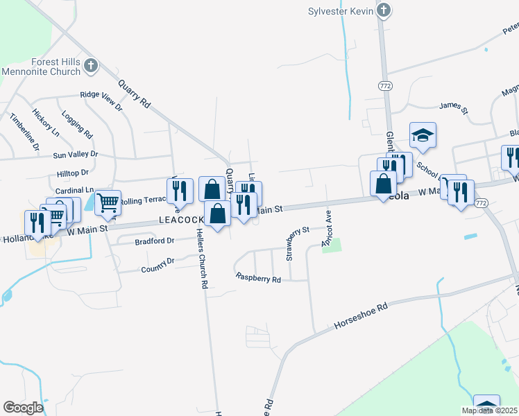 map of restaurants, bars, coffee shops, grocery stores, and more near 231 West Main Street in Leacock-Leola-Bareville