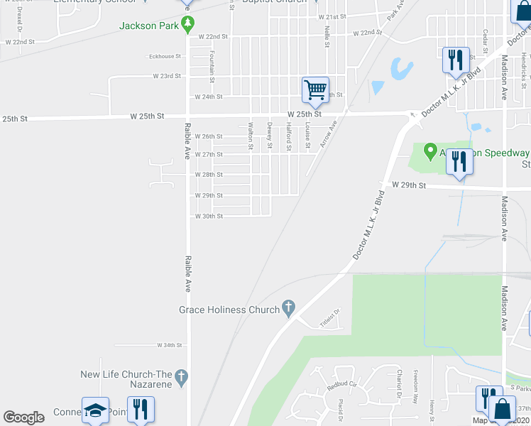 map of restaurants, bars, coffee shops, grocery stores, and more near 2919 Dewey Street in Anderson