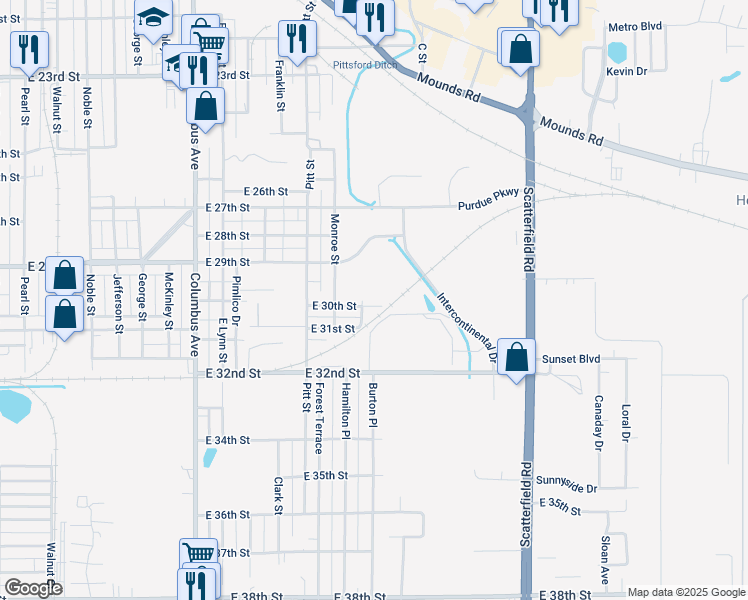 map of restaurants, bars, coffee shops, grocery stores, and more near 1624 East 30th Street in Anderson