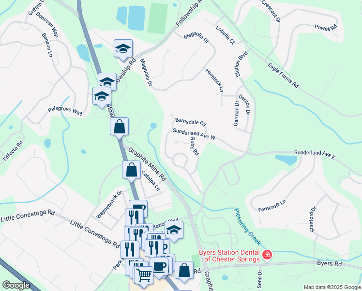 map of restaurants, bars, coffee shops, grocery stores, and more near 503 Bonnie Lane in Chester Springs
