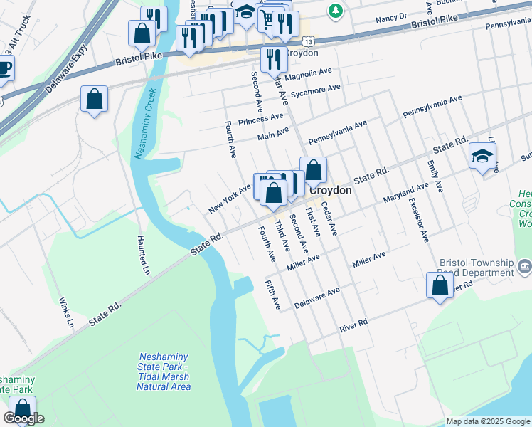 map of restaurants, bars, coffee shops, grocery stores, and more near 413 State Road in Croydon