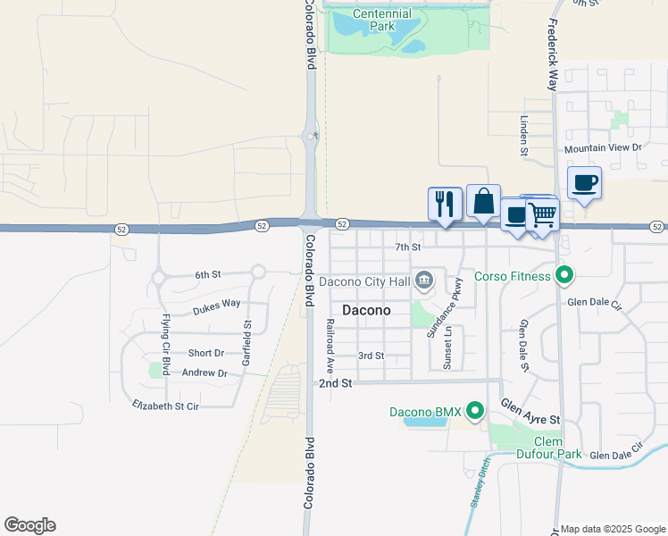map of restaurants, bars, coffee shops, grocery stores, and more near 614 Railroad Avenue in Dacono