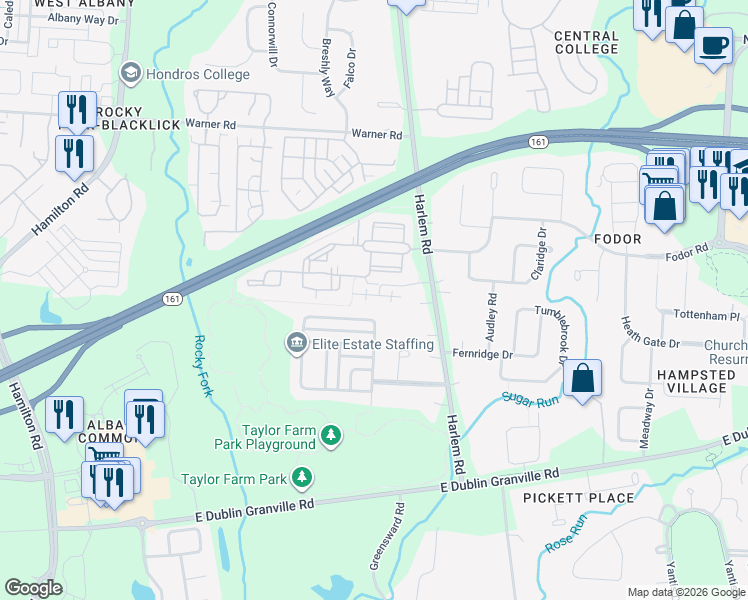 map of restaurants, bars, coffee shops, grocery stores, and more near Albany Ridge in Columbus