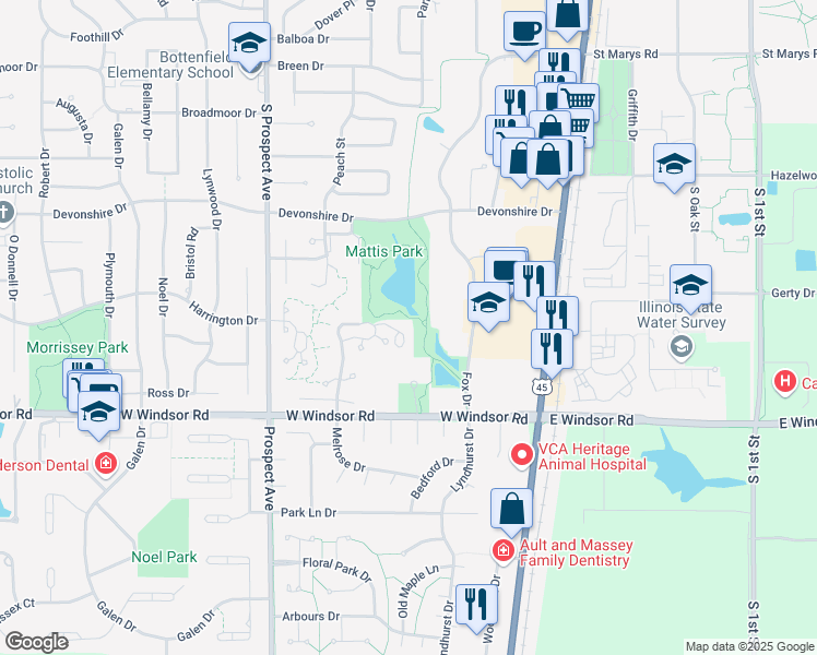 map of restaurants, bars, coffee shops, grocery stores, and more near 1913 Melrose Drive in Champaign