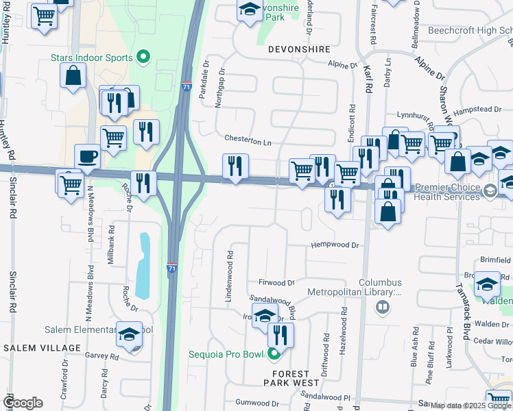 map of restaurants, bars, coffee shops, grocery stores, and more near in Columbus