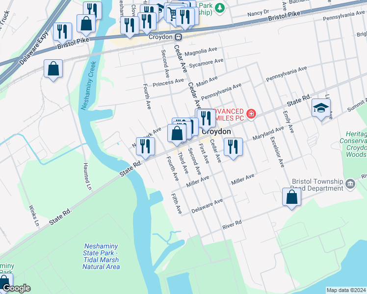 map of restaurants, bars, coffee shops, grocery stores, and more near 510 State Road in Croydon