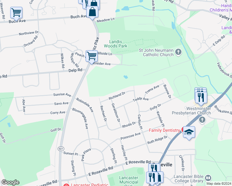 map of restaurants, bars, coffee shops, grocery stores, and more near 337 Richland Drive in Lancaster