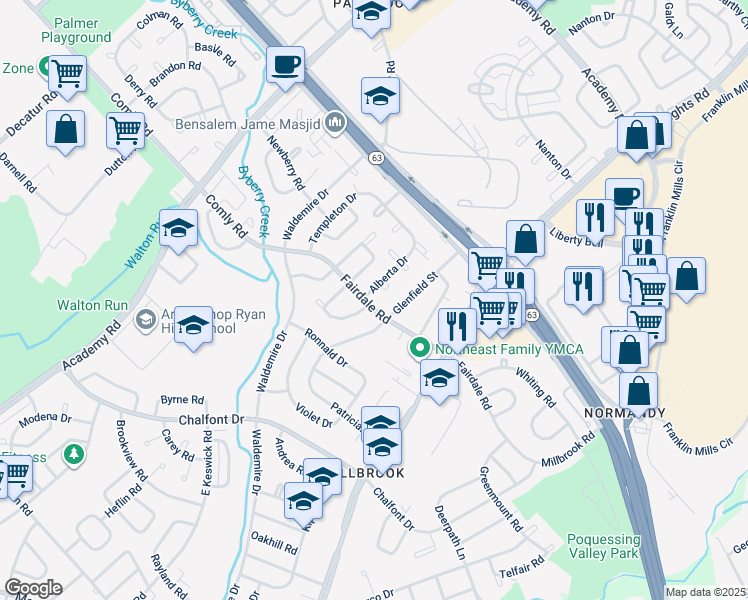 map of restaurants, bars, coffee shops, grocery stores, and more near 3885 Fairdale Road in Philadelphia