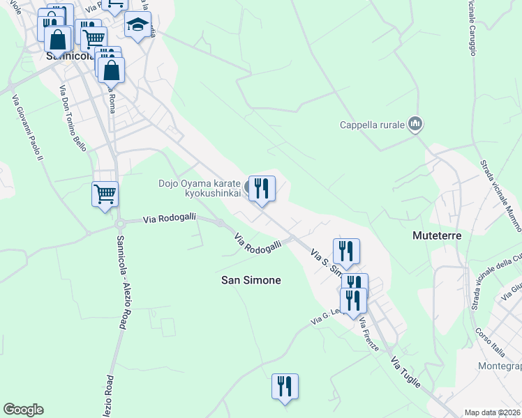 map of restaurants, bars, coffee shops, grocery stores, and more near 114 Via San Simone in Sannicola