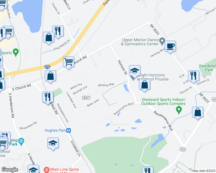 map of restaurants, bars, coffee shops, grocery stores, and more near 319 Winding Way in King of Prussia