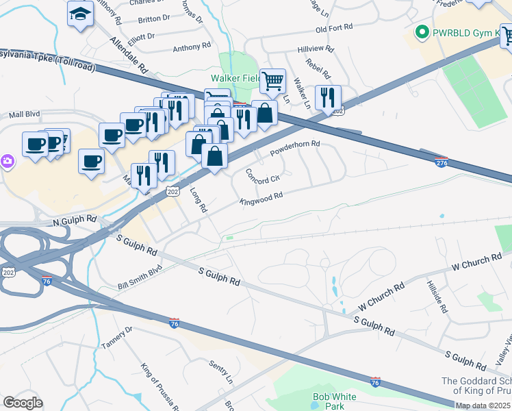 map of restaurants, bars, coffee shops, grocery stores, and more near 573 Kingwood Road in King of Prussia