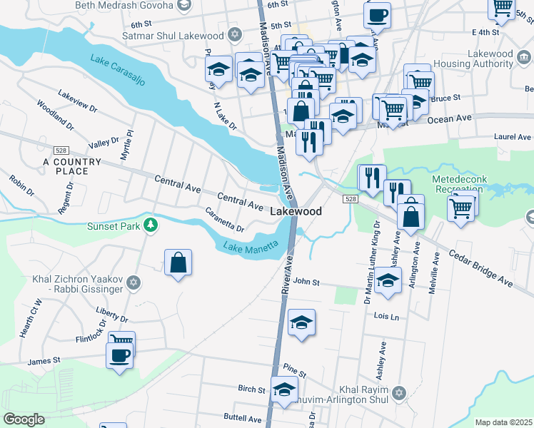 map of restaurants, bars, coffee shops, grocery stores, and more near 16 Central Avenue in Lakewood
