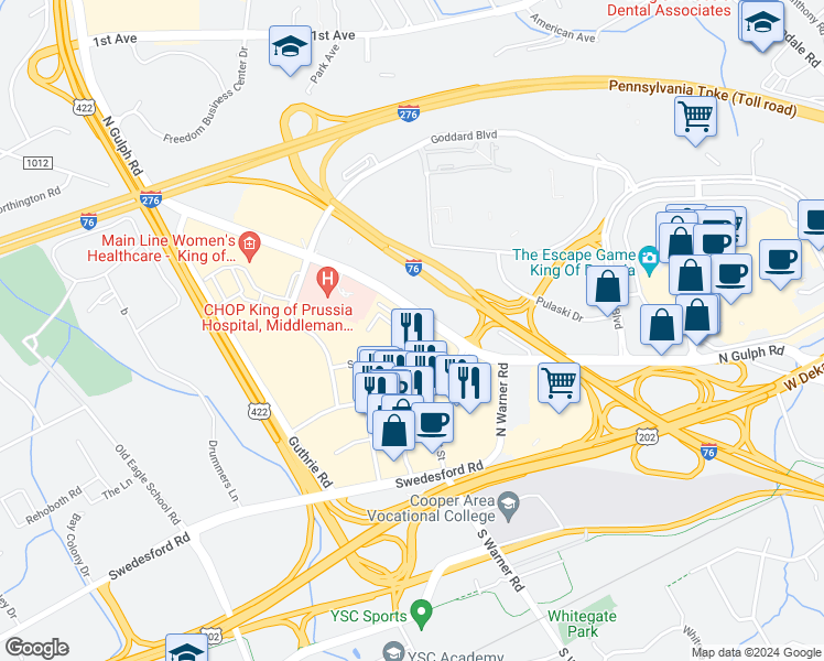 map of restaurants, bars, coffee shops, grocery stores, and more near 907 Lakeview Court in King of Prussia