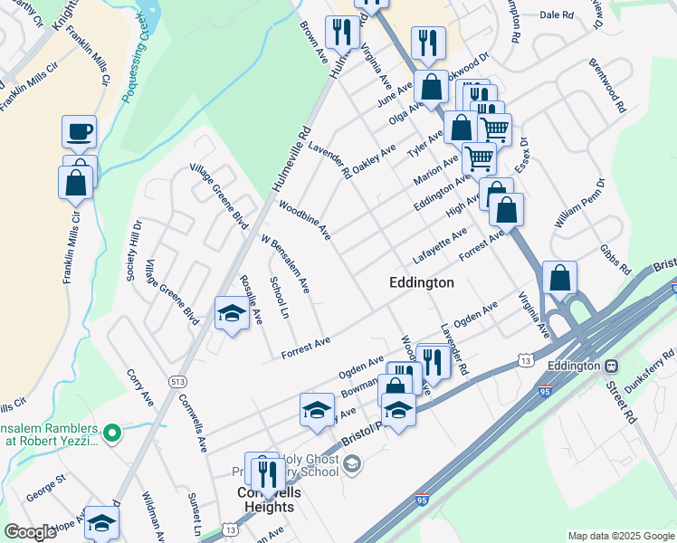 map of restaurants, bars, coffee shops, grocery stores, and more near 1420 Woodbine Avenue in Eddington