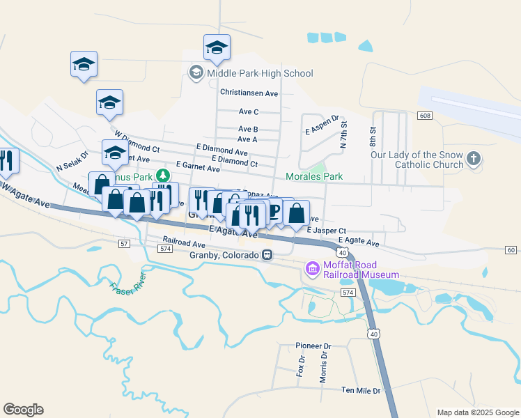 map of restaurants, bars, coffee shops, grocery stores, and more near 337 E Jasper Ave in Granby