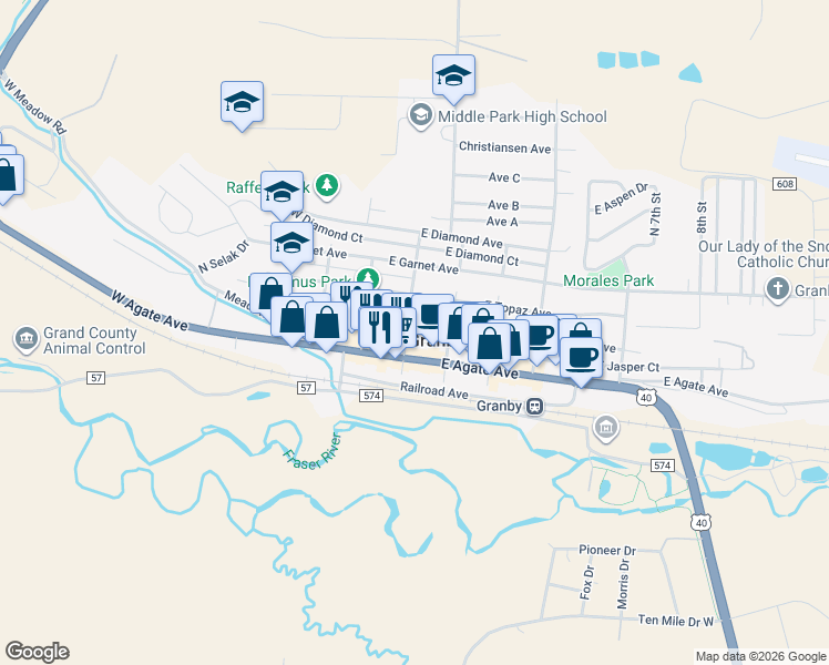 map of restaurants, bars, coffee shops, grocery stores, and more near 129 1st Street in Granby