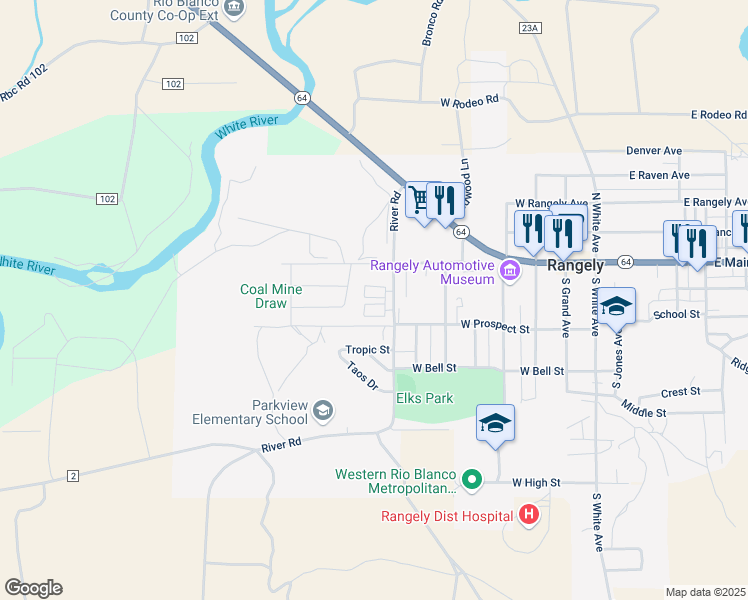 map of restaurants, bars, coffee shops, grocery stores, and more near 167 County Highway 2 in Rangely
