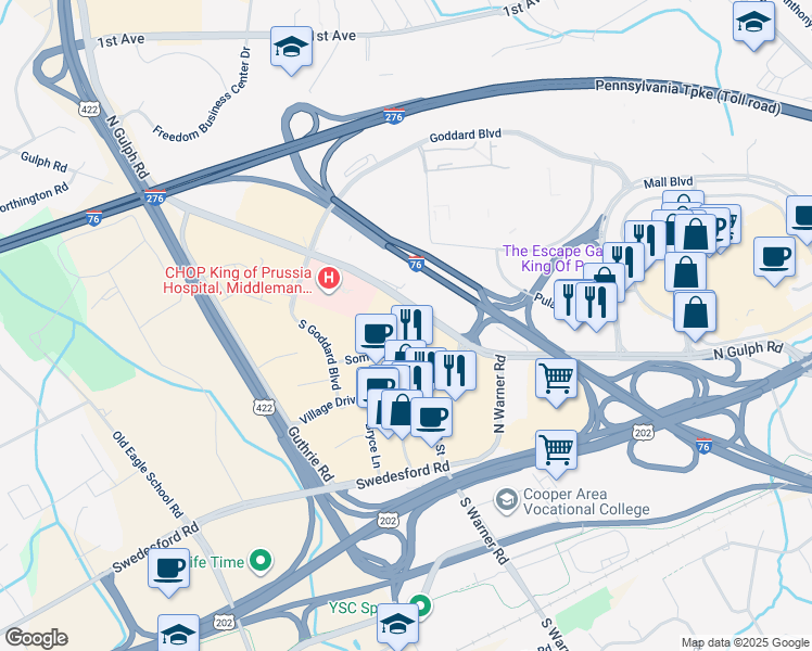 map of restaurants, bars, coffee shops, grocery stores, and more near 306 Lakeview Court in King of Prussia