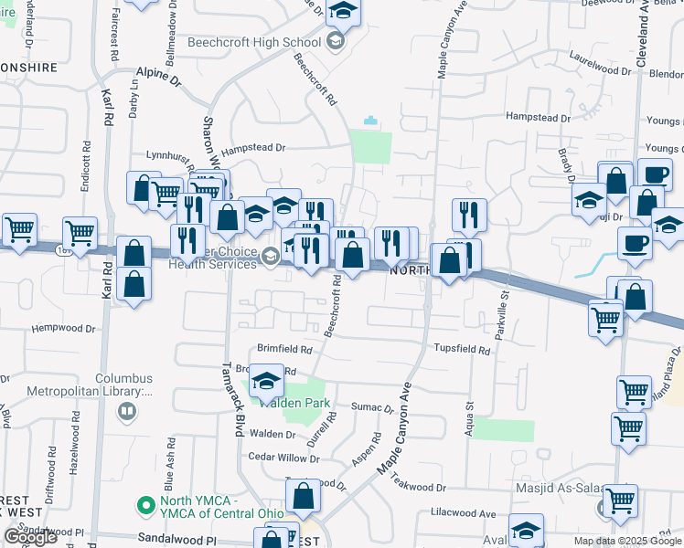 map of restaurants, bars, coffee shops, grocery stores, and more near 1973 East Dublin Granville Road in Columbus