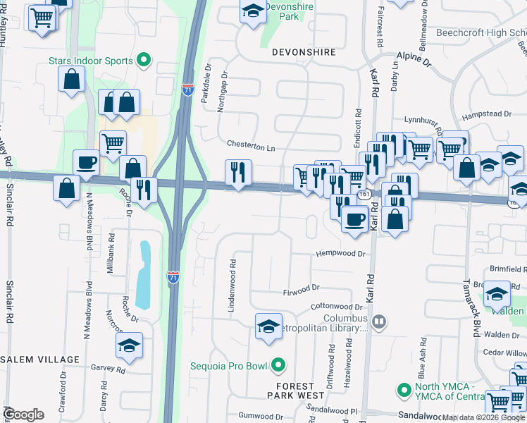 map of restaurants, bars, coffee shops, grocery stores, and more near in Columbus