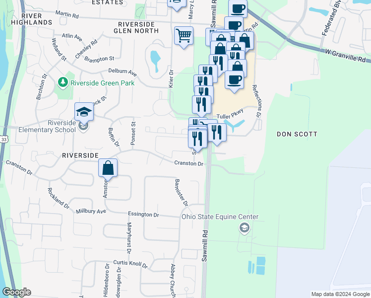 map of restaurants, bars, coffee shops, grocery stores, and more near 2896 Cranston Drive in Dublin