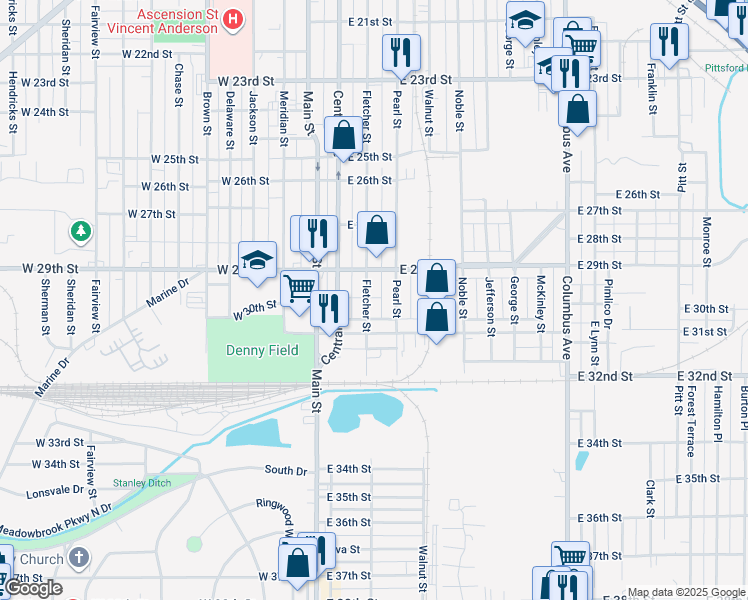map of restaurants, bars, coffee shops, grocery stores, and more near 3147 Fletcher Street in Anderson