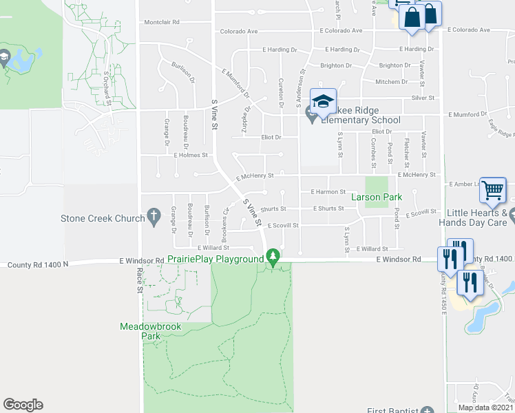 map of restaurants, bars, coffee shops, grocery stores, and more near 503 East Shurts Street in Urbana