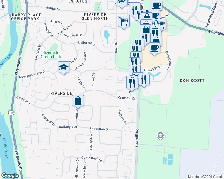 map of restaurants, bars, coffee shops, grocery stores, and more near 2960 Cranston Drive in Dublin