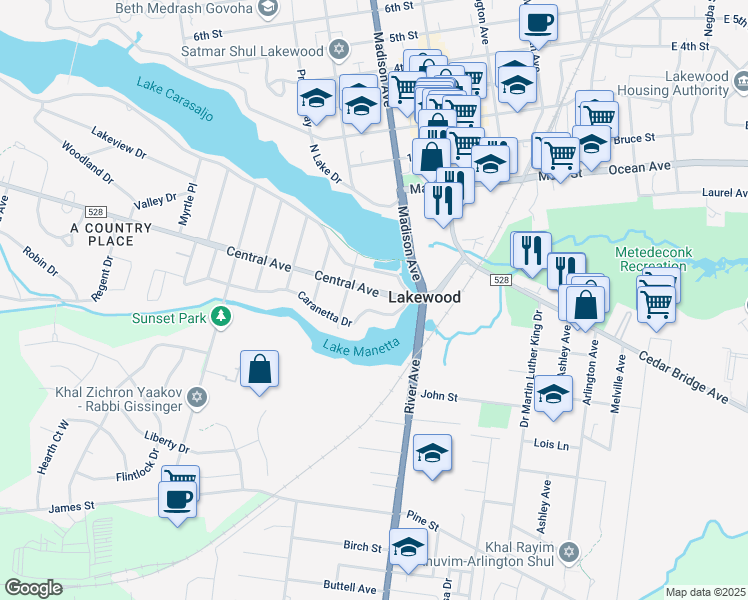 map of restaurants, bars, coffee shops, grocery stores, and more near 16 Central Avenue in Lakewood