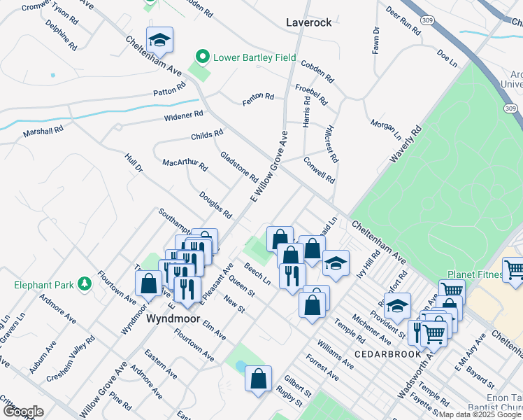 map of restaurants, bars, coffee shops, grocery stores, and more near 1404 East Willow Grove Avenue in Wyndmoor