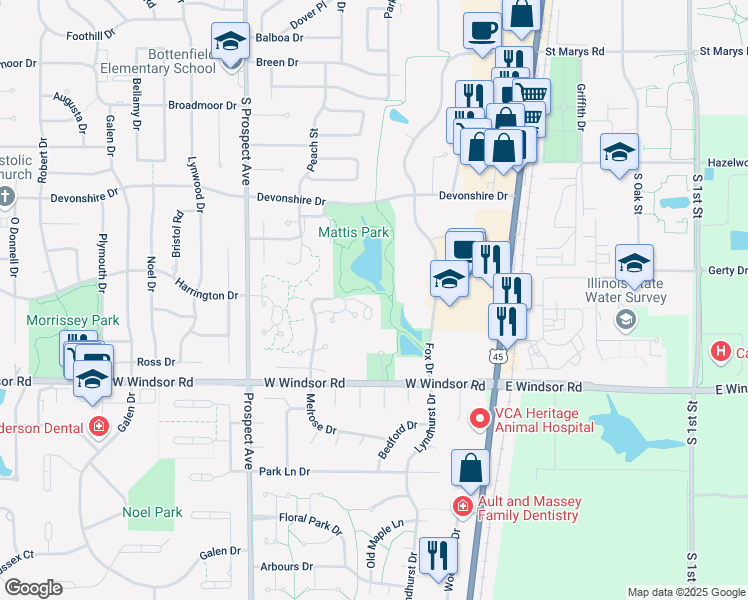 map of restaurants, bars, coffee shops, grocery stores, and more near 1915 Melrose Drive in Champaign