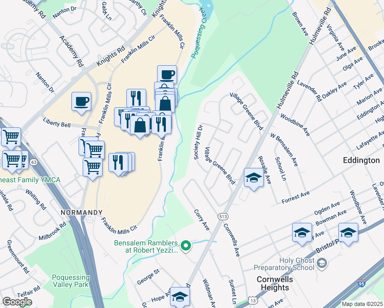 map of restaurants, bars, coffee shops, grocery stores, and more near 1442 Society Hill Drive in Bensalem